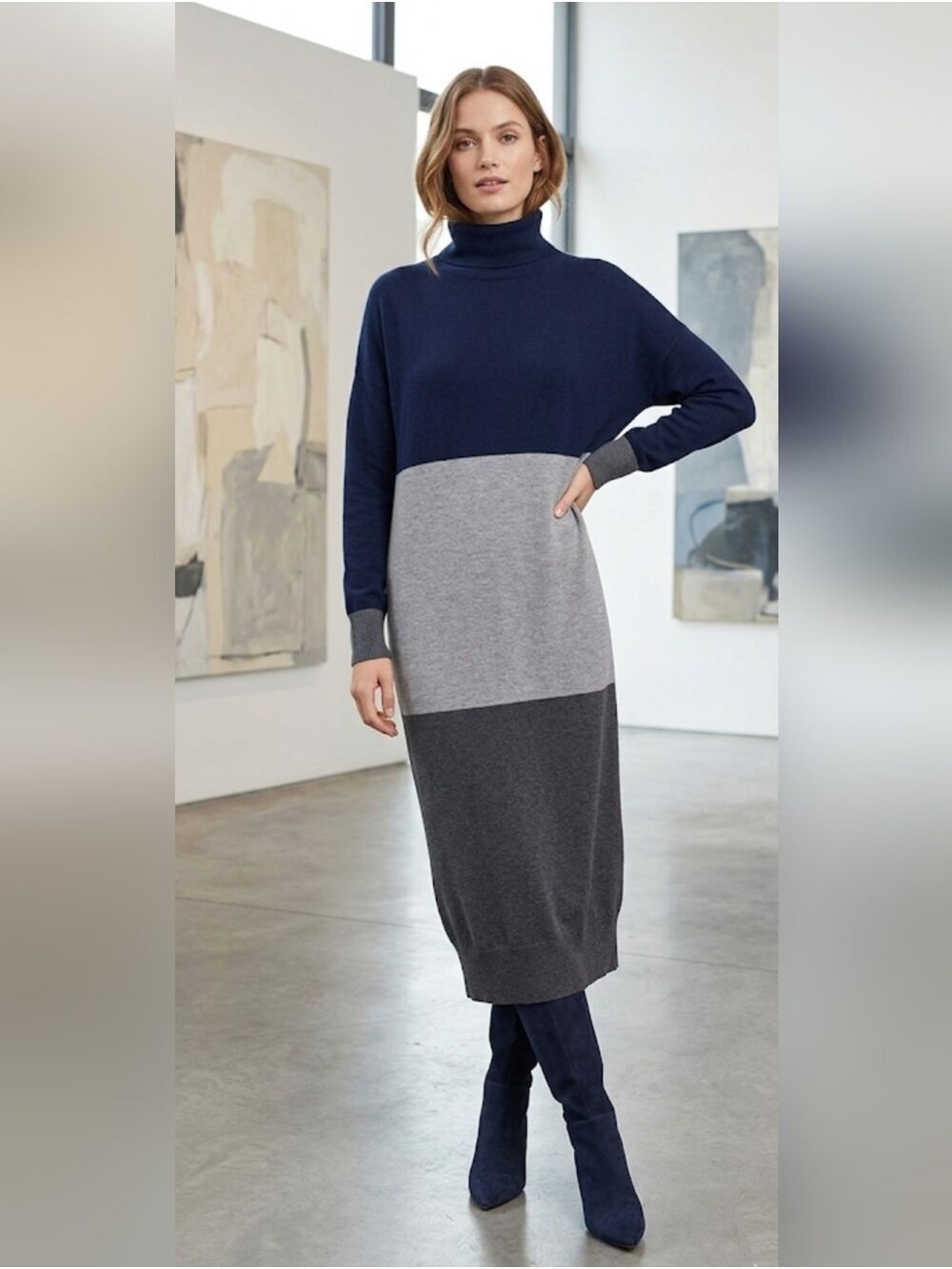 Jigsaw Colorblock Wool Turtleneck Midi Sweater Dress Navy Grey Womens M